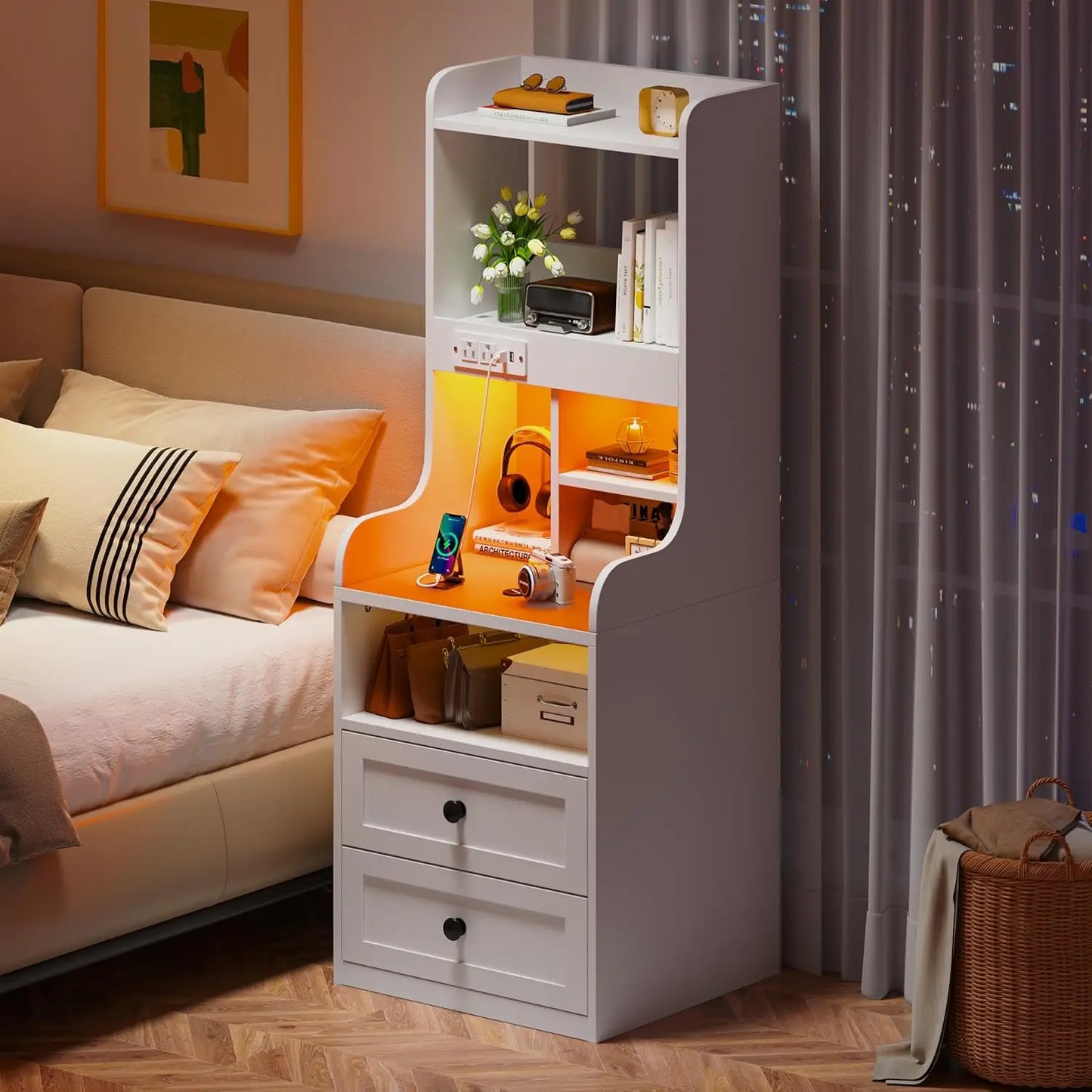 XMSJ Tall Nightstand With LED Lights And USB Charging