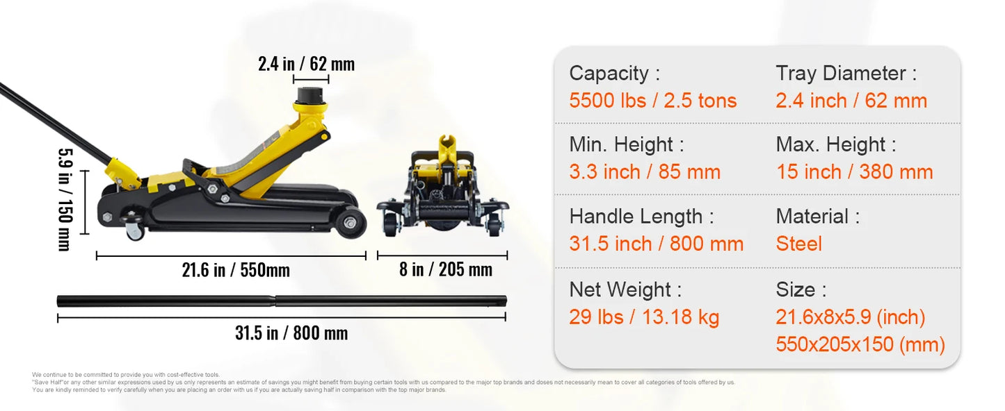 SucceBuy 2.5T Floor Hydraulic Jack Pneumatic Low Profile Floor Jack Heavy-Duty Steel Floor Jacks with Single Piston Lift Pump