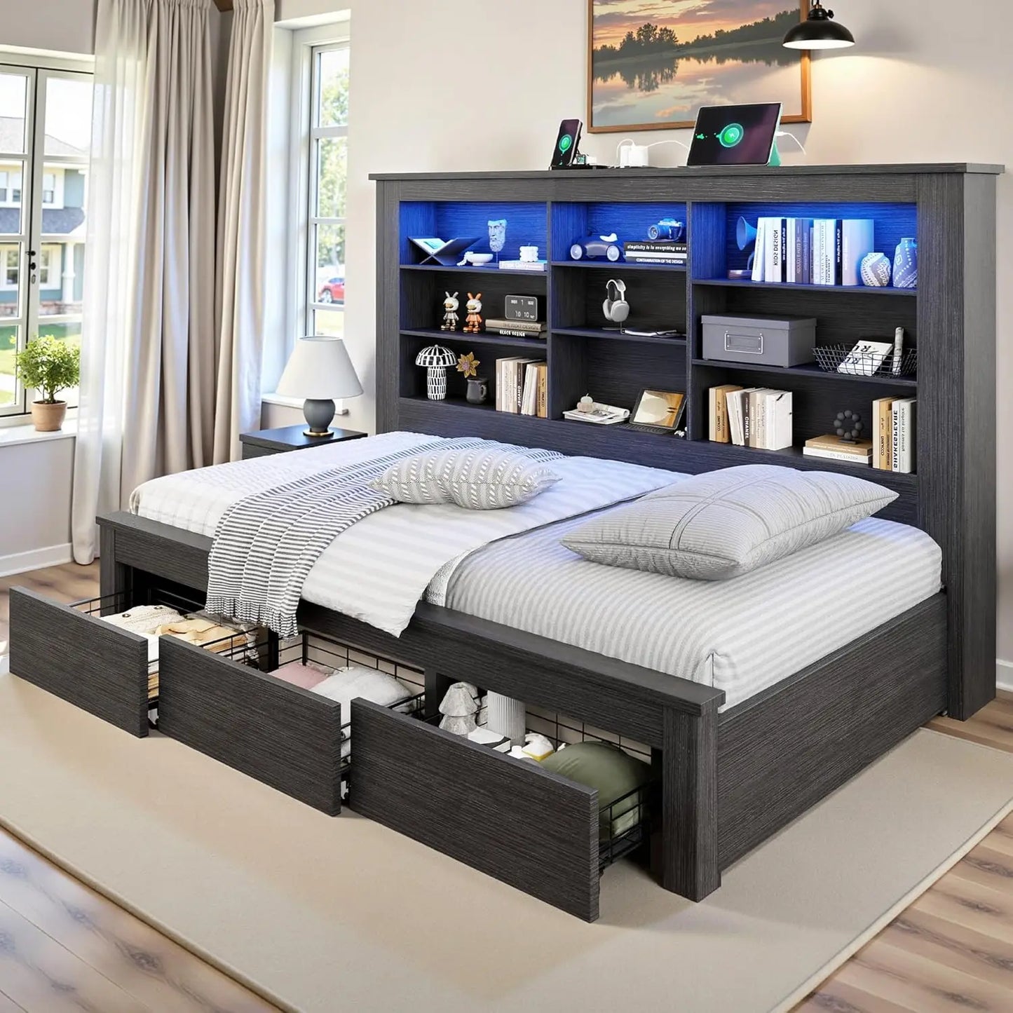 Hign Concerned Daybed With Bookcase Headboard USB C RGB