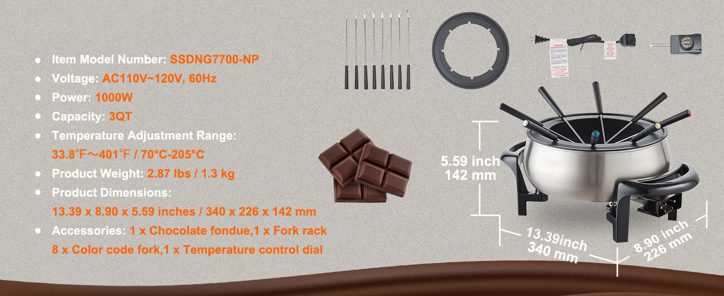 SucceBuy Electric Stainless Fondue Pot Set Cheese And Chocolate TemperatureControlled