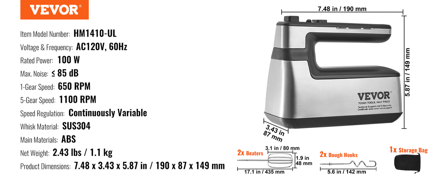 VEVOR Cordless Electric Hand Mixer HM1410 5 Gear 1100 RPM For Whipping Eggs And Batter