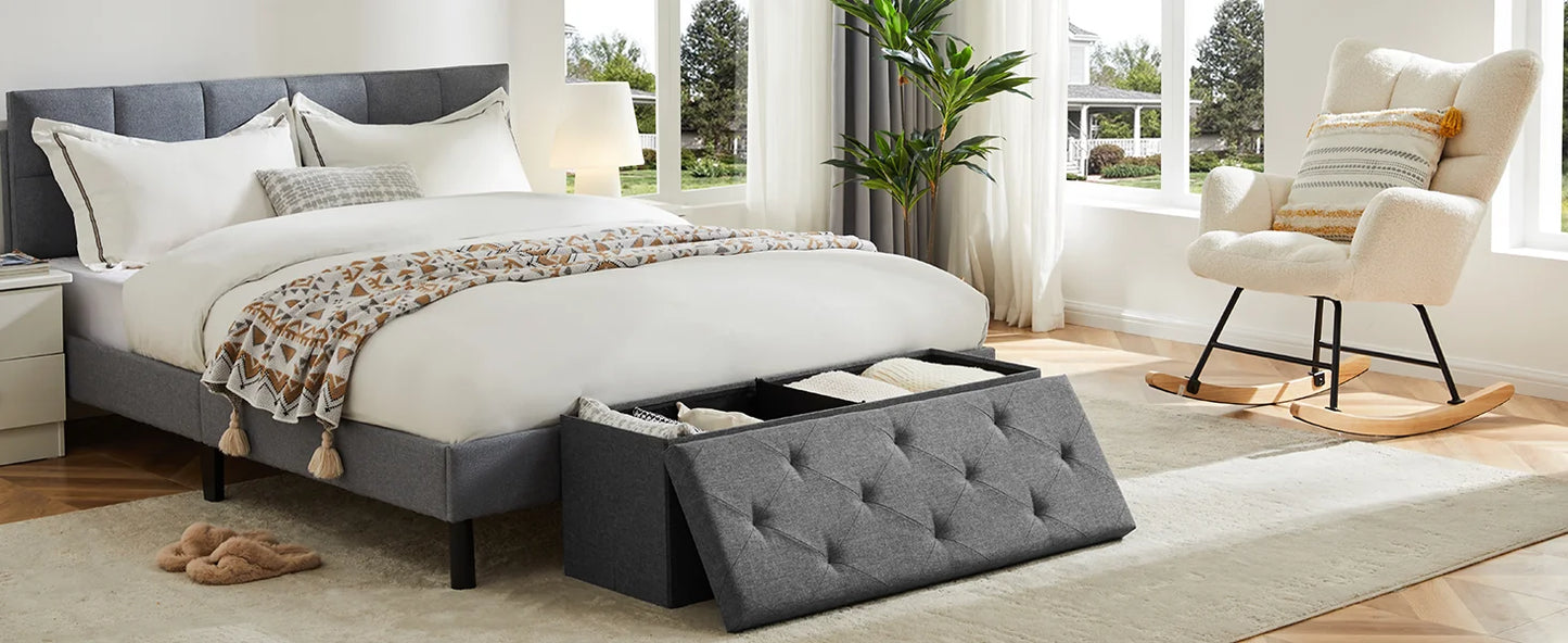 JHK Living Room Hidden Storage Footstool Toy Box Bedroom Bench Linen Fabric Easy Assemble Strong Load-bearing Capacity Stool