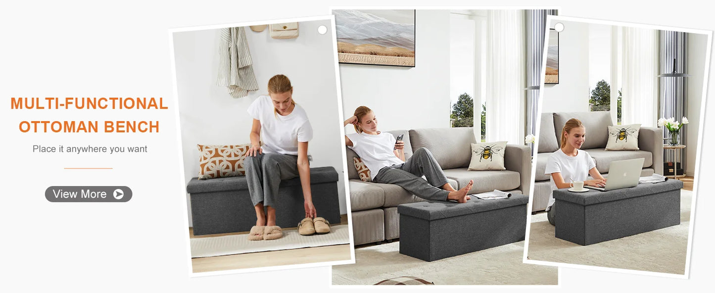 JHK Living Room Hidden Storage Footstool Toy Box Bedroom Bench Linen Fabric Easy Assemble Strong Load-bearing Capacity Stool