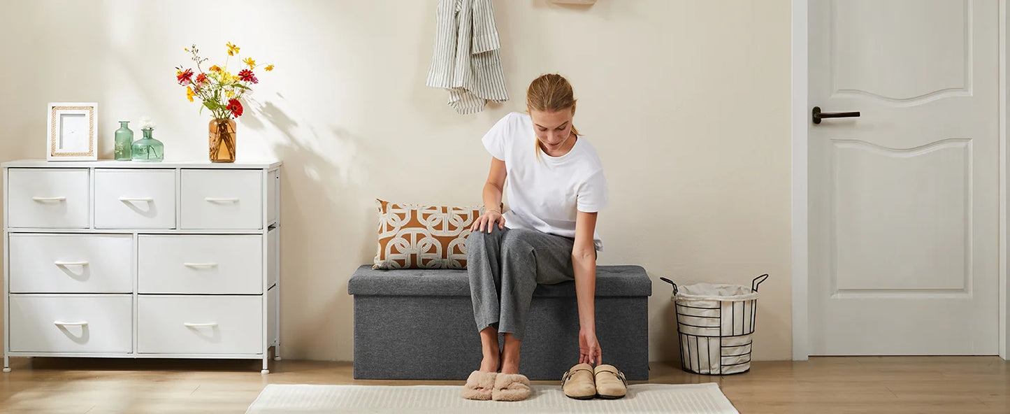 JHK Living Room Hidden Storage Footstool Toy Box Bedroom Bench Linen Fabric Easy Assemble Strong Load-bearing Capacity Stool