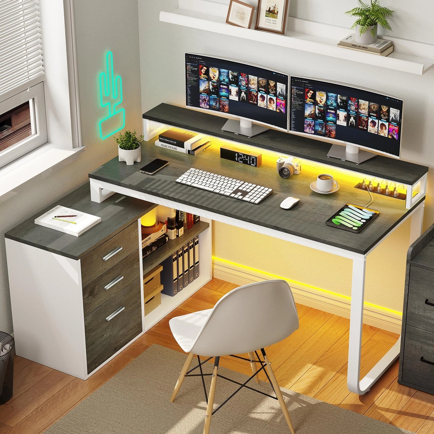 Hign-concerned L-Shaped Gaming Computer Desk With File Drawers