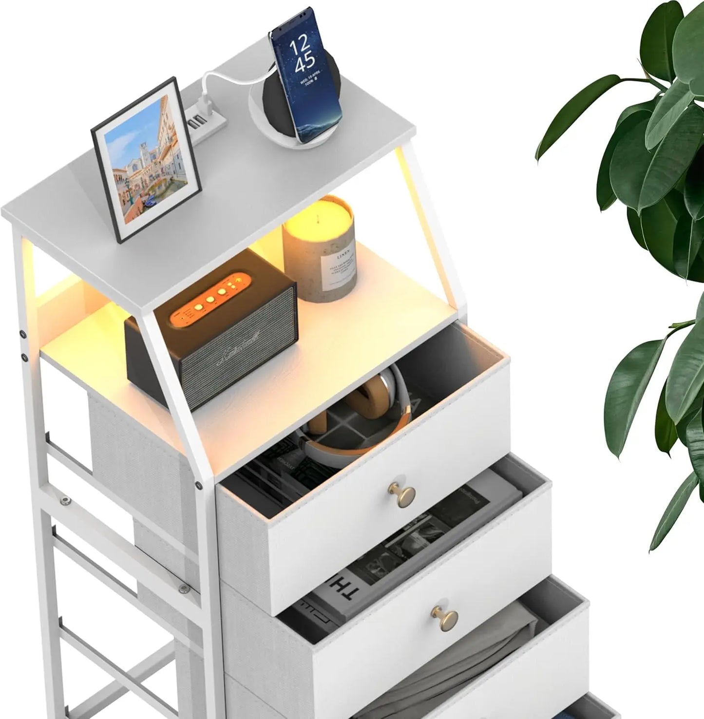 HUANHUI Nightstand Dresser With Fabric Drawers And 2 Tier Shelf