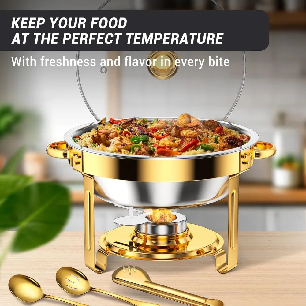 Hot-Sell! Round Chafing Dishes for Buffet 5 Qt,High Grade Chafing Dish Buffet Set, Full Size Pan,Rolled-Edge Design Food Warmers