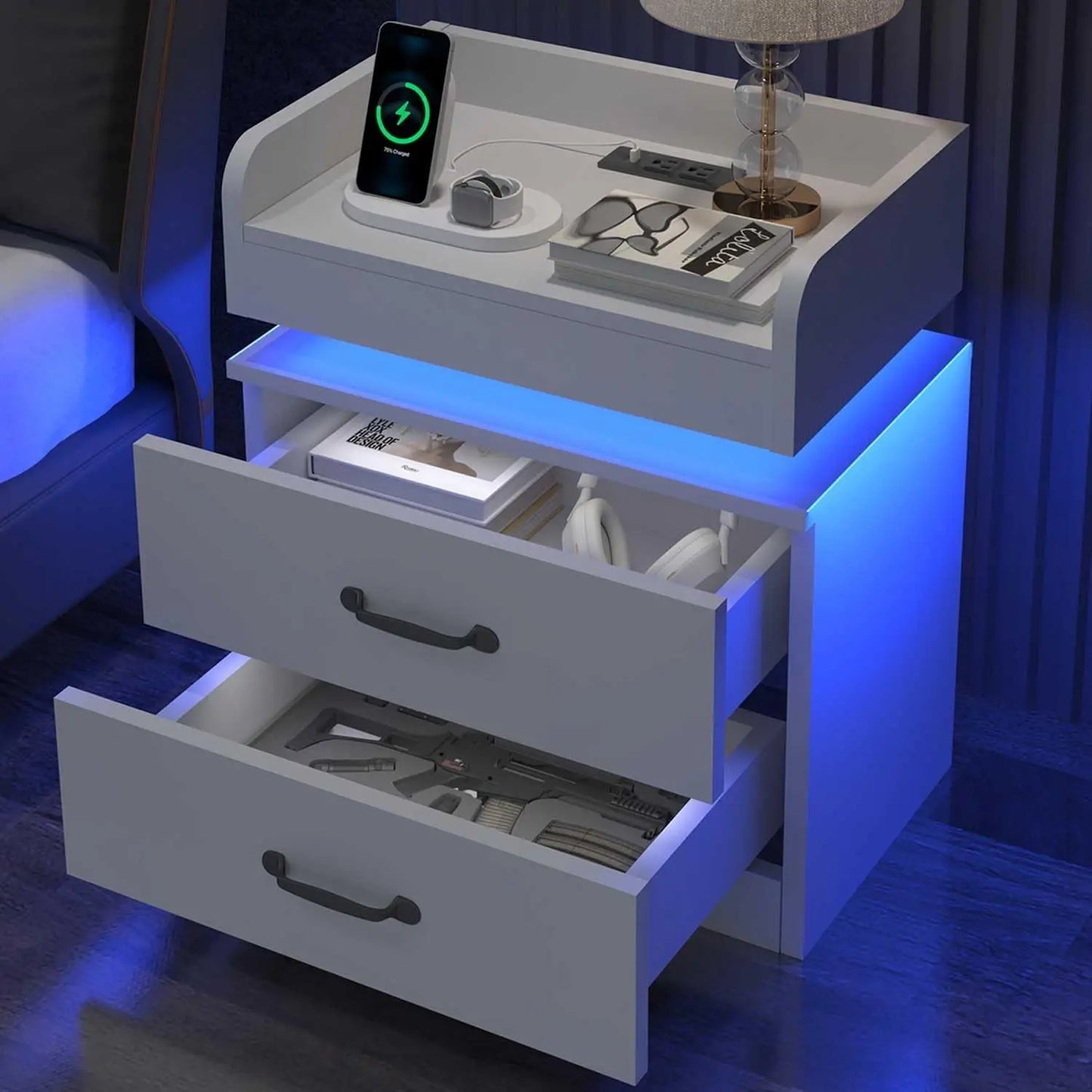 ANGDUO Nightstand With Charging Station And LED Lights