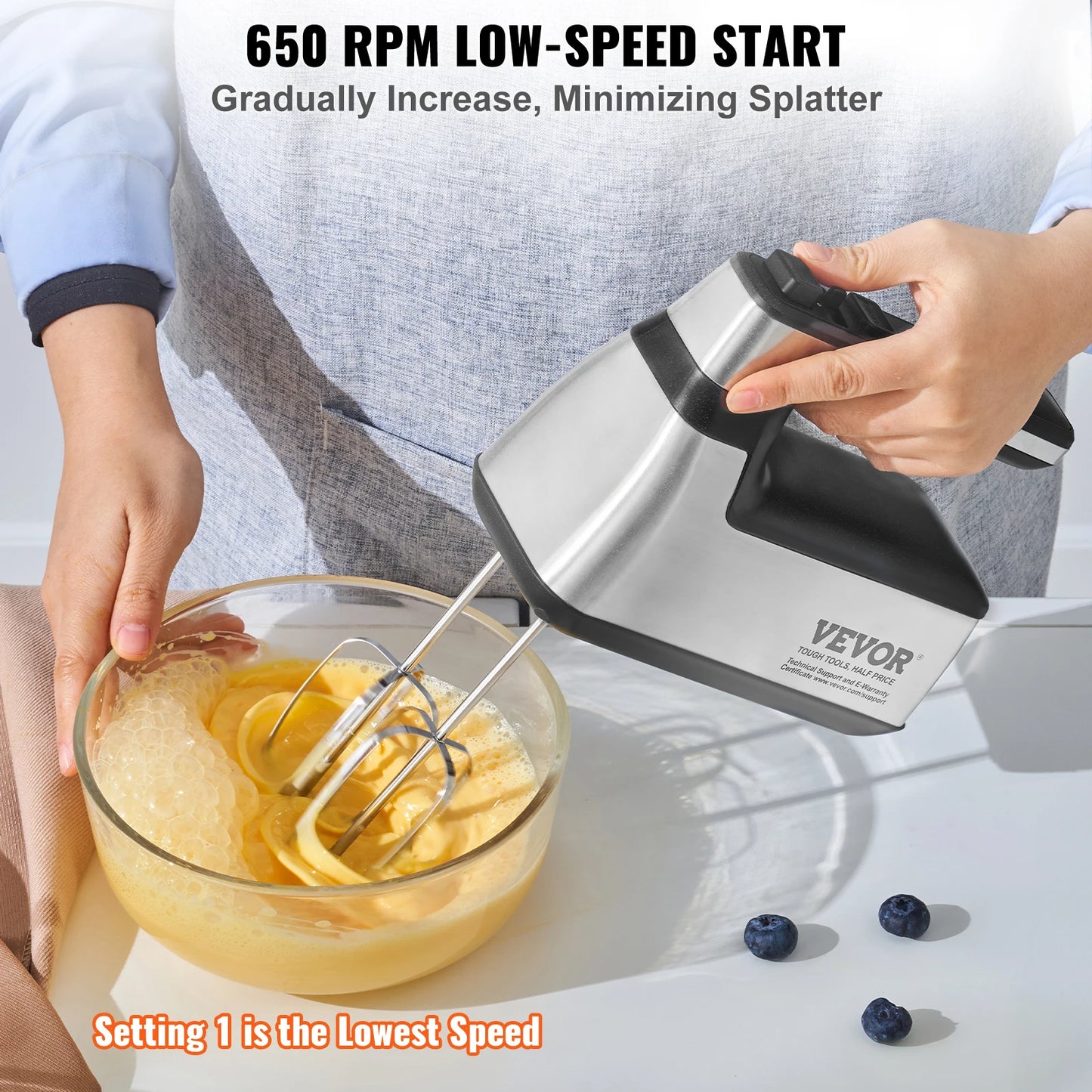 VEVOR Cordless Electric Hand Mixer HM1410 5 Gear 1100 RPM For Whipping Eggs And Batter