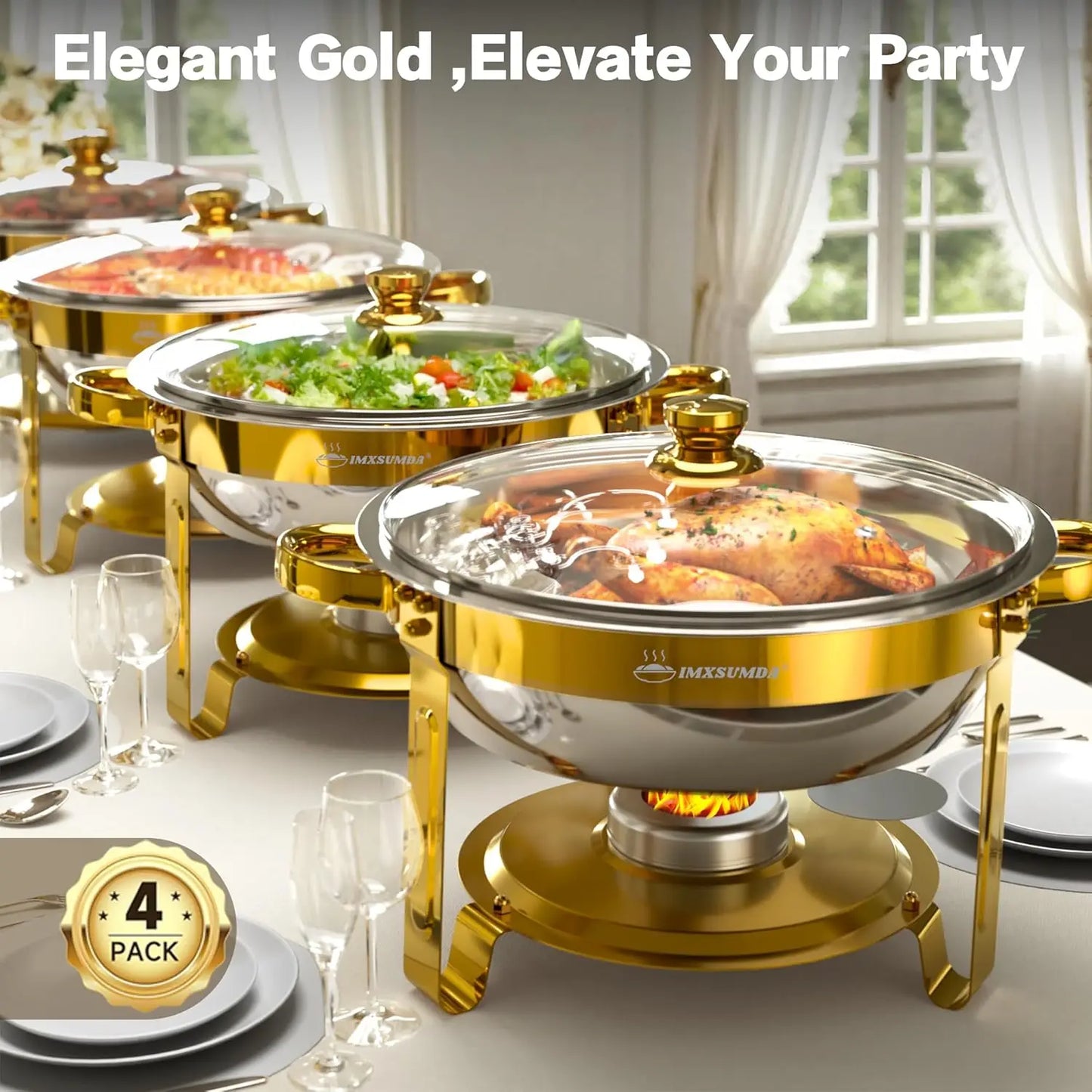 Chafing Dish Buffet Set 4 Pack, 6QT Gold Round Chafing Dishes for Buffet, High Grade Chafers and Buffet Warmers Sets