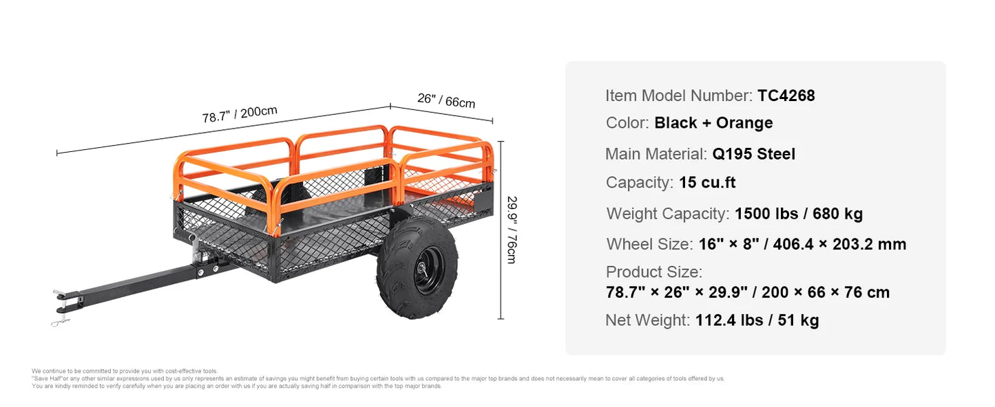 SucceBuy Heavy Duty Steel ATV Dump Trailer Tow Behind Dump Cart Garden Trailer with Removable Sides and Tires for Mowers Tractor