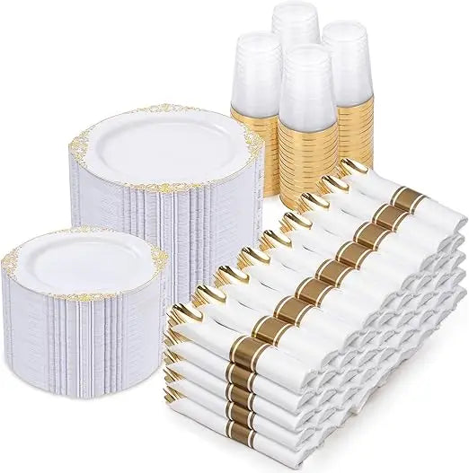 700PCS Gold Plastic Plates - Gold Plastic Dinnerware Sets for 100 Guests - 200 Disposable Plates, 300 Silverware, 100 Cups