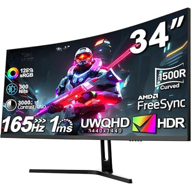 NEW 34-Inch Curved Gaming Monitor UWQHD 3440 x 1440 165Hz Curved 1500R - PIP/PBP, 1ms(MPRT), HDR, 300nits, sRGB 125%