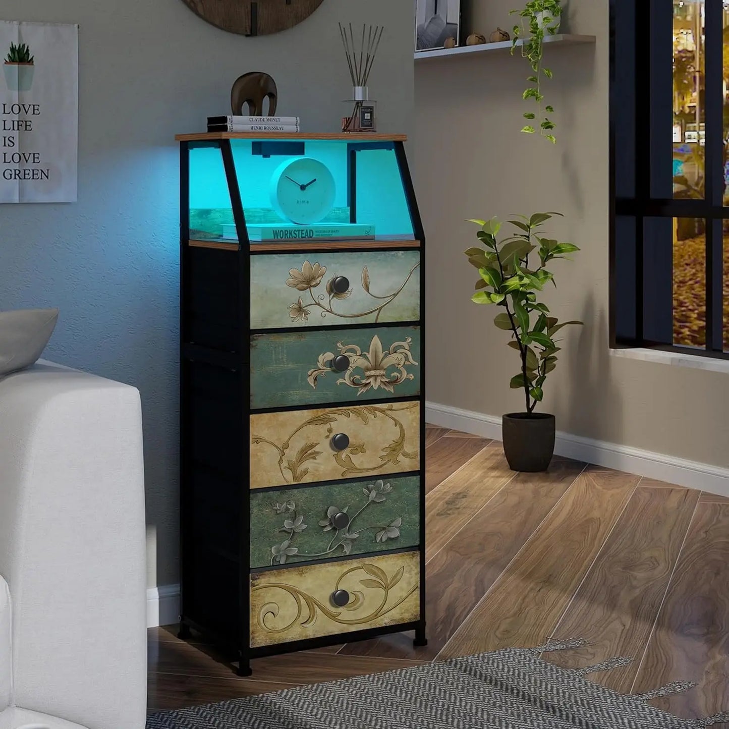 HUANHUI Nightstand Dresser With Fabric Drawers And 2 Tier Shelf