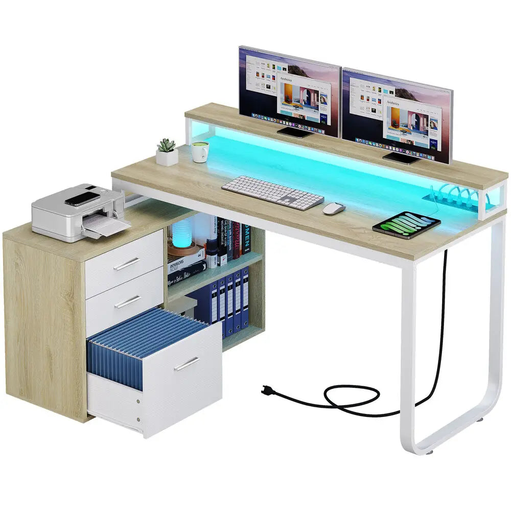 Hign-concerned L-Shaped Gaming Computer Desk With File Drawers