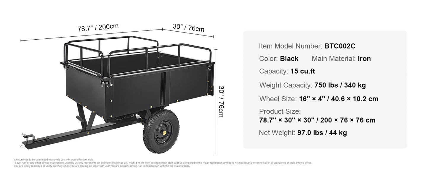 SucceBuy Heavy Duty Steel ATV Dump Trailer Tow Behind Dump Cart Garden Trailer with Removable Sides and Tires for Mowers Tractor