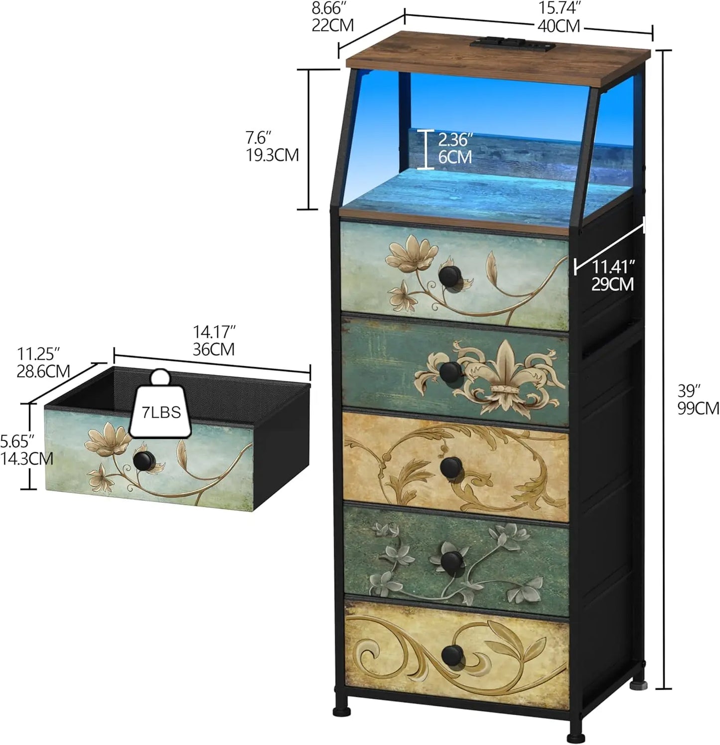 HUANHUI Nightstand Dresser With Fabric Drawers And 2 Tier Shelf