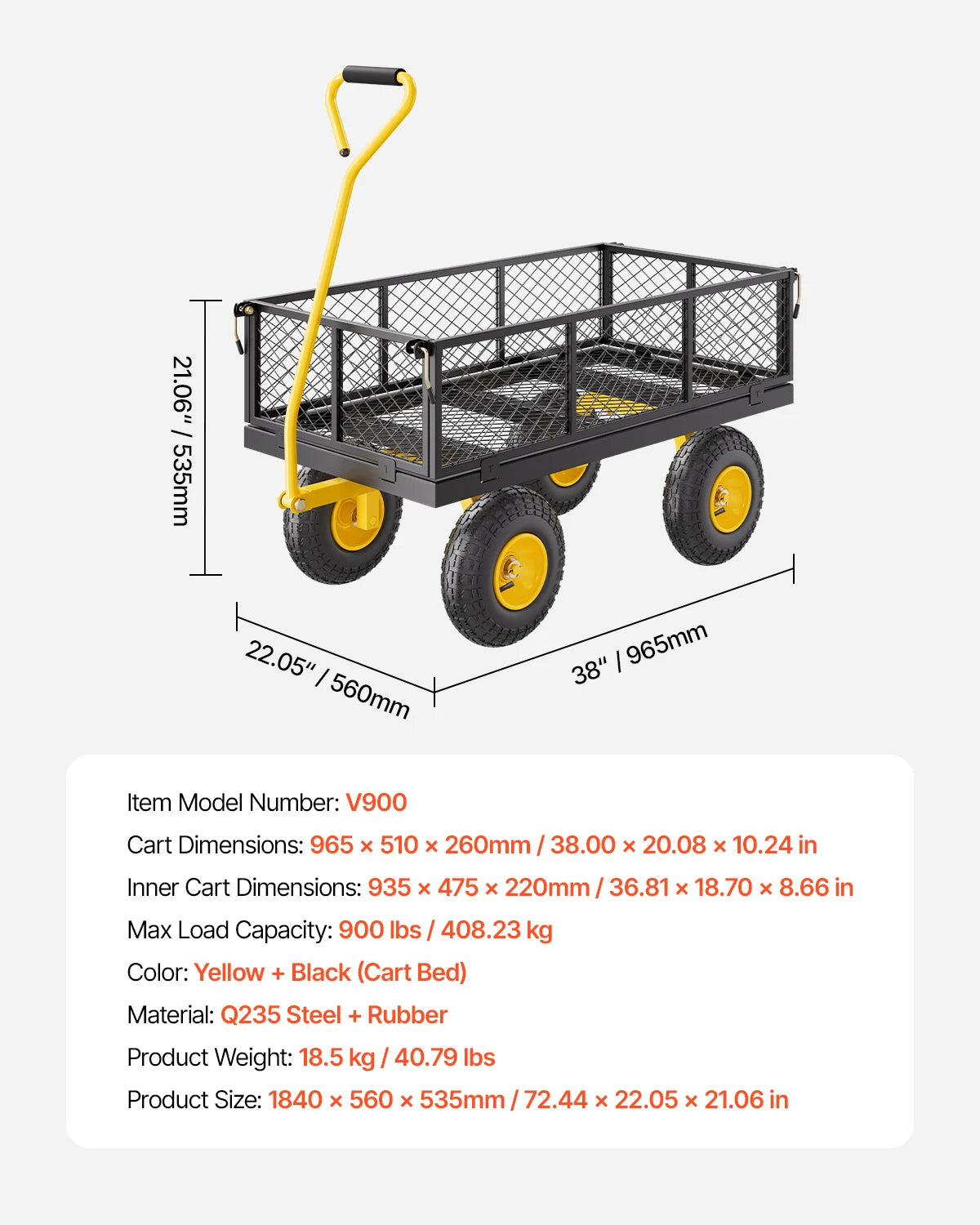 SucceBuy Steel Garden Cart Pullable on Wheels Metal Yard Wagon Cart W/ All TerrainTires Mesh Removable Sides and Rotating Handle