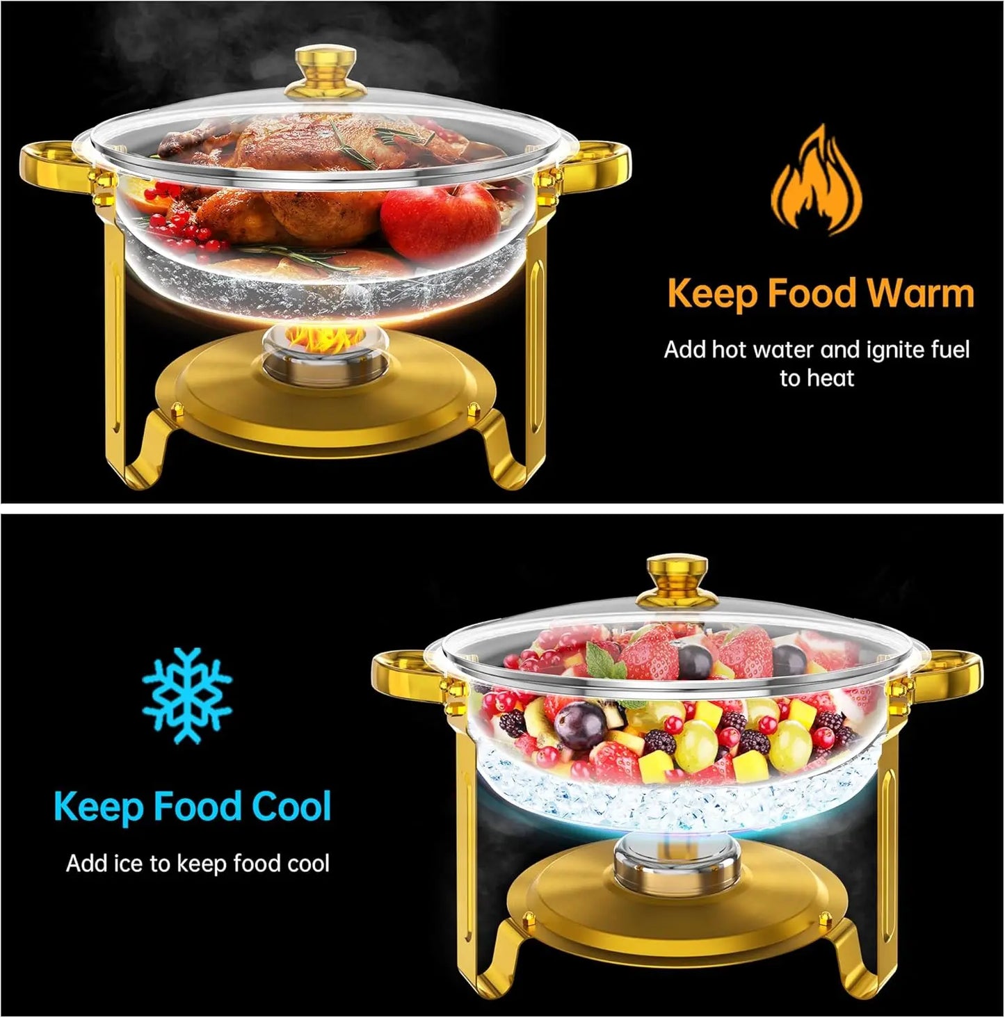 Chafing Dish Buffet Set 4 Pack, 6QT Gold Round Chafing Dishes for Buffet, High Grade Chafers and Buffet Warmers Sets