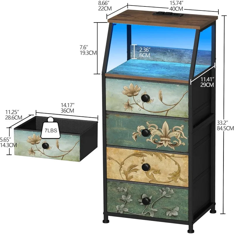 HUANHUI Nightstand Dresser With Fabric Drawers And 2 Tier Shelf