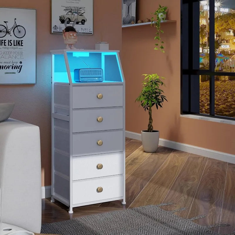 HUANHUI Nightstand Dresser With Fabric Drawers And 2 Tier Shelf