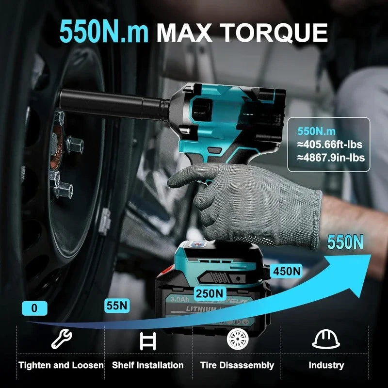 Popular.550N.m/400Ft-lbs Brushless Impact Wrench,1/2" Cordless Impact Gun w/ 2x3.0Ah Battery & 6 Sockets, 2450RPM Power