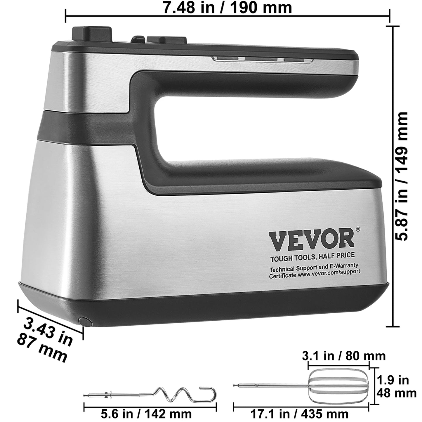 VEVOR Cordless Electric Hand Mixer HM1410 5 Gear 1100 RPM For Whipping Eggs And Batter