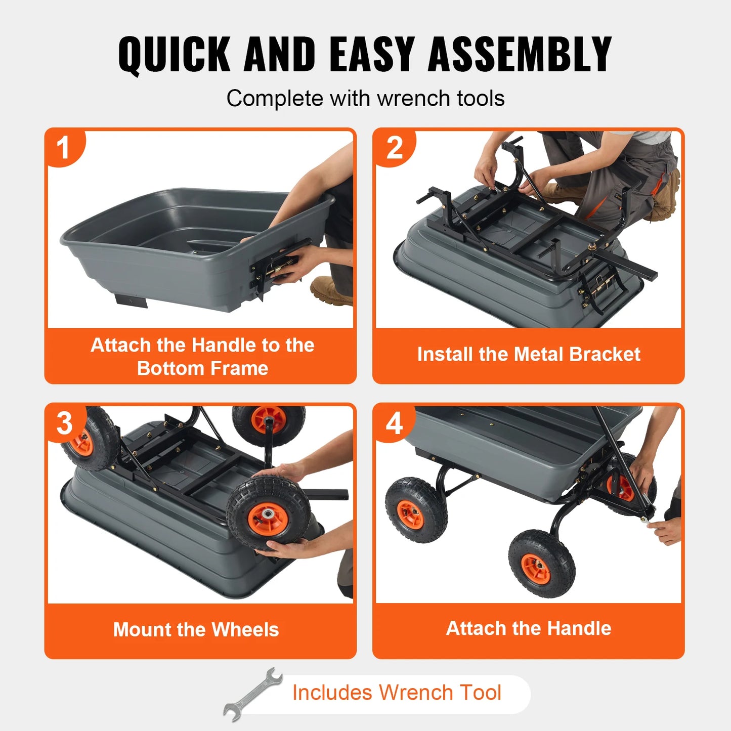SucceBuy Dump Cart Poly Garden Dump Cart Easy to Assemble Steel Frame Dump Wagon with 2-in-1 Convertible Handle Safe Transport