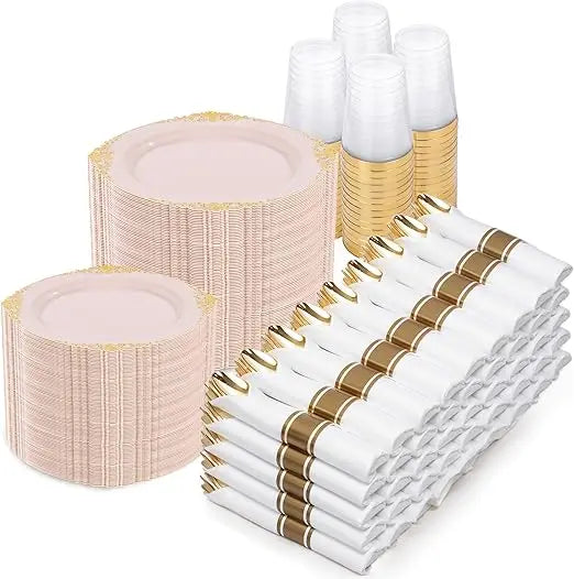 700PCS Gold Plastic Plates - Gold Plastic Dinnerware Sets for 100 Guests - 200 Disposable Plates, 300 Silverware, 100 Cups