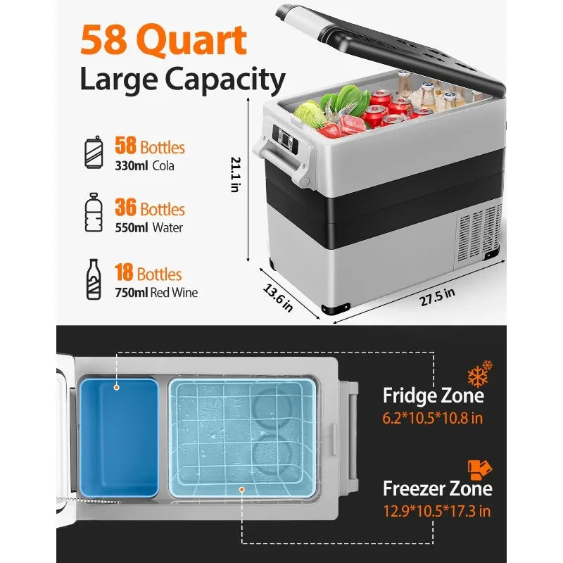 Portable 12 Volt Refrigerator - 58 Quart(55L) Electric Cooler with AC/DC for Truck RV Van Camper, Car Refrigerator Fr