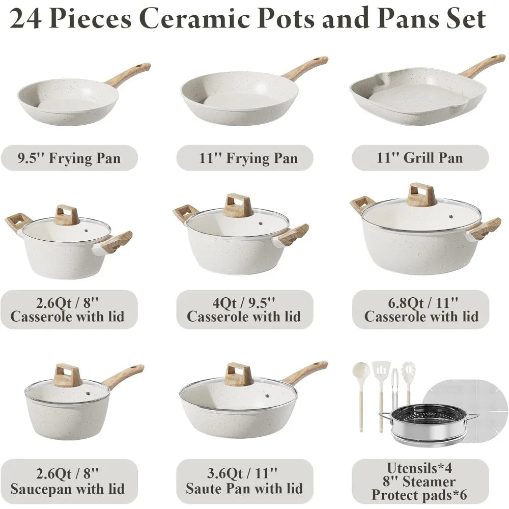 24 Pcs Pots and Pans Set, Non Stick Ceramic Cookware Set with 3 Stockpots, Healthy Non-Toxic, Large Capacity, Induction Compatib