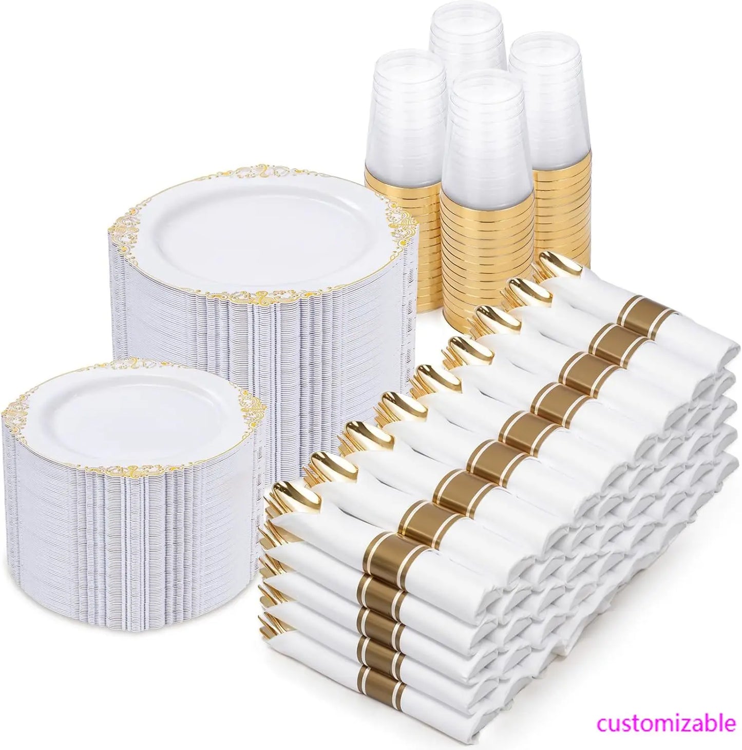 700PCS Gold Plastic Plates - Gold Plastic Dinnerware Sets for 100 Guests - 200 Disposable Plates, 300 Silverware, 100 Cups