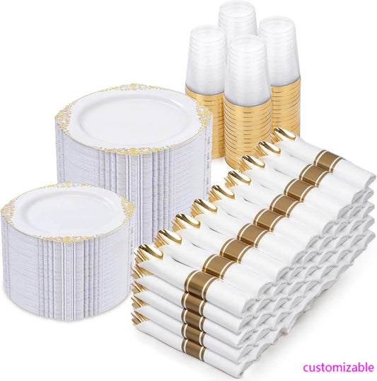 700PCS Gold Plastic Plates - Gold Plastic Dinnerware Sets for 100 Guests - 200 Disposable Plates, 300 Silverware, 100 Cups