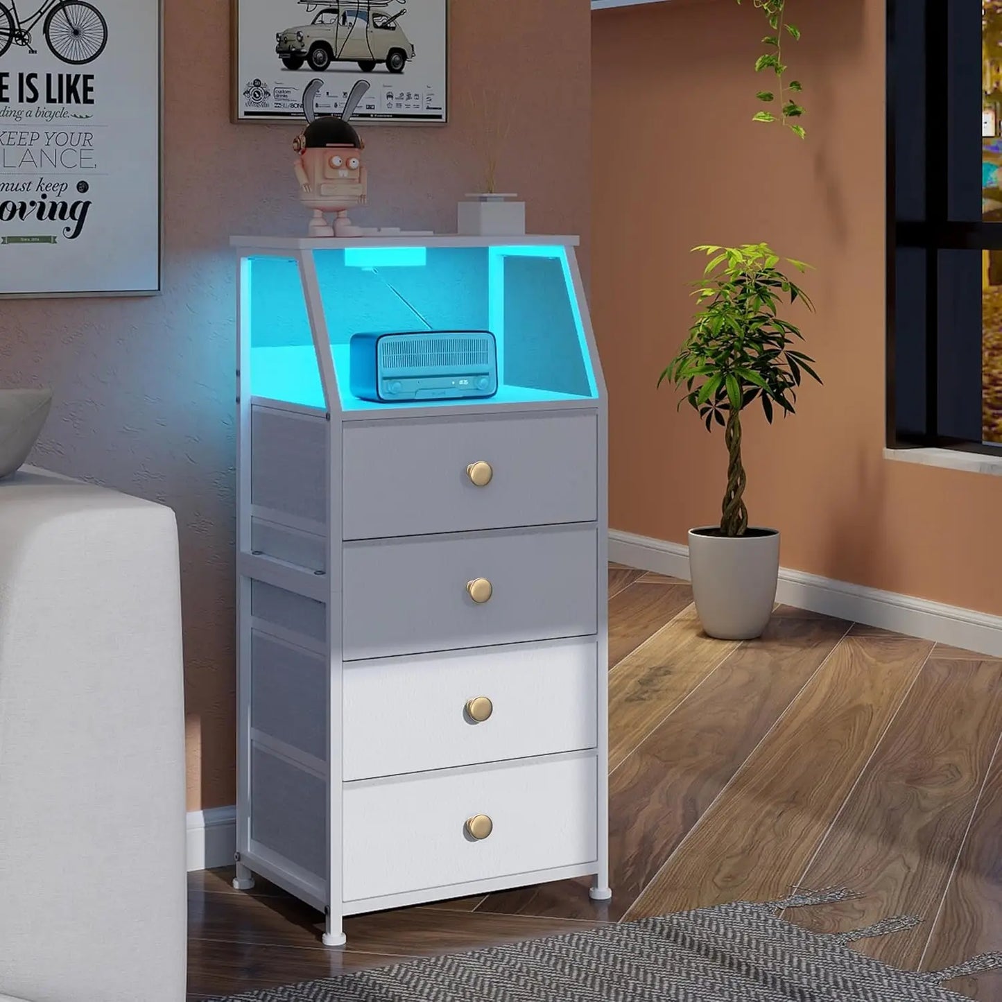 HUANHUI Nightstand Dresser With Fabric Drawers And 2 Tier Shelf