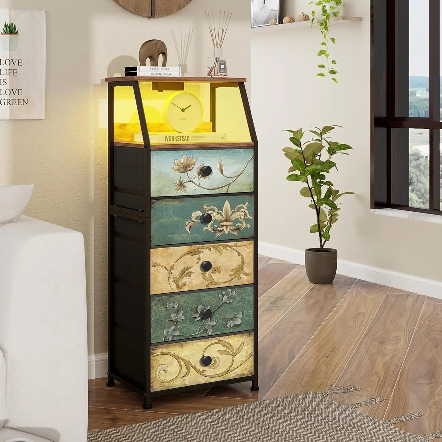 HUANHUI Nightstand Dresser With Fabric Drawers And 2 Tier Shelf