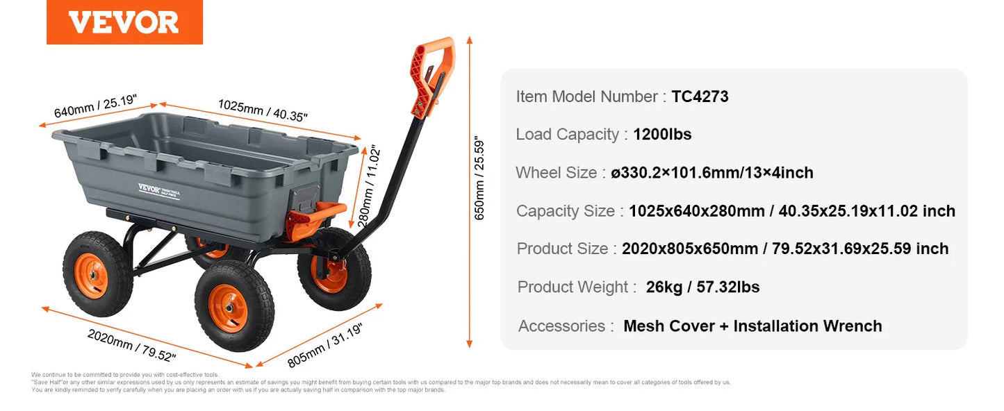 SucceBuy Dump Cart Poly Garden Dump Cart Easy to Assemble Steel Frame Dump Wagon with 2-in-1 Convertible Handle Safe Transport
