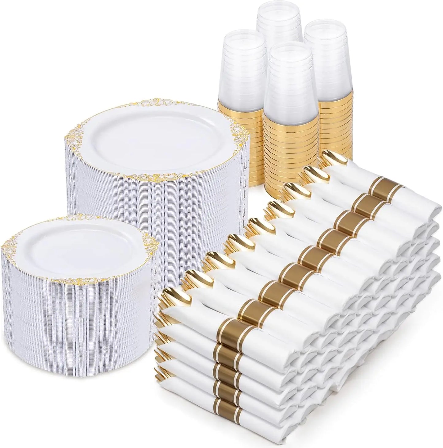 700PCS Gold Plastic Plates - Gold Plastic Dinnerware Sets for 100 Guests - 200 Disposable Plates, 300 Silverware, 100 Cups