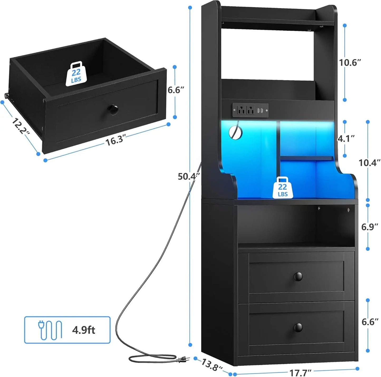 XMSJ Tall Nightstand With LED Lights And USB Charging