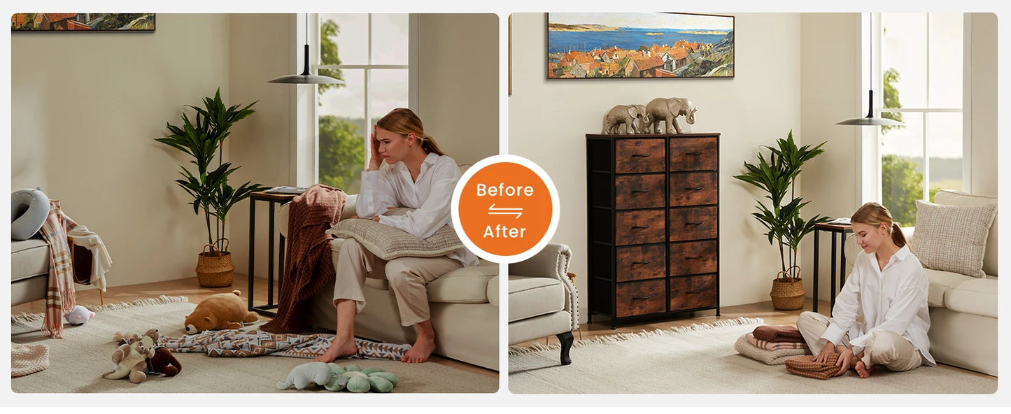 JHK Bedside Table With 10 Fabric Drawers Steel Frame Cabinet