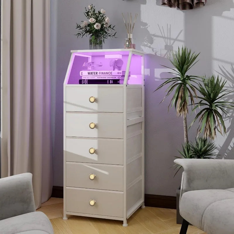 HUANHUI Nightstand Dresser With Fabric Drawers And 2 Tier Shelf