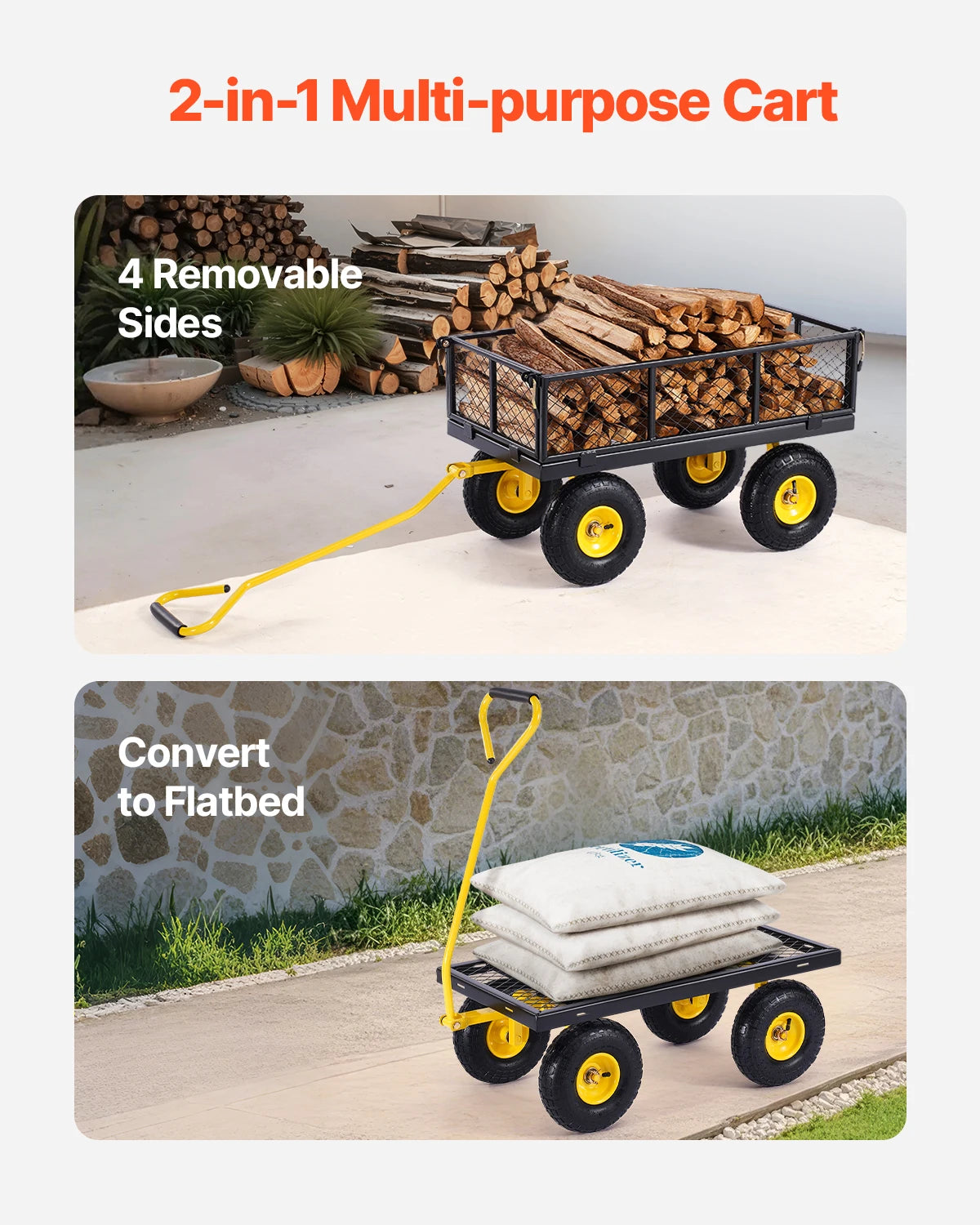 SucceBuy Steel Garden Cart Pullable on Wheels Metal Yard Wagon Cart W/ All TerrainTires Mesh Removable Sides and Rotating Handle