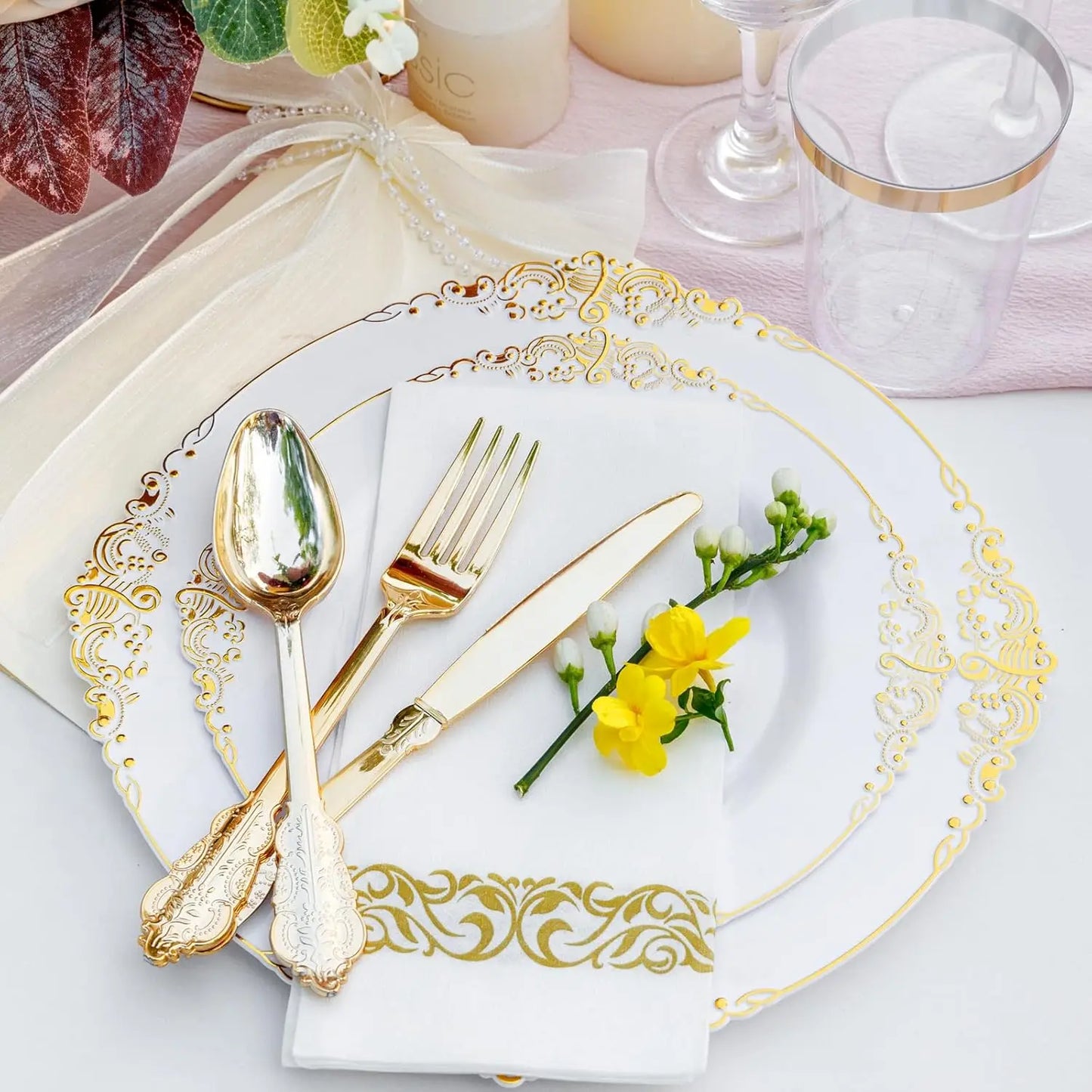 700PCS Gold Plastic Plates - Gold Plastic Dinnerware Sets for 100 Guests - 200 Disposable Plates, 300 Silverware, 100 Cups