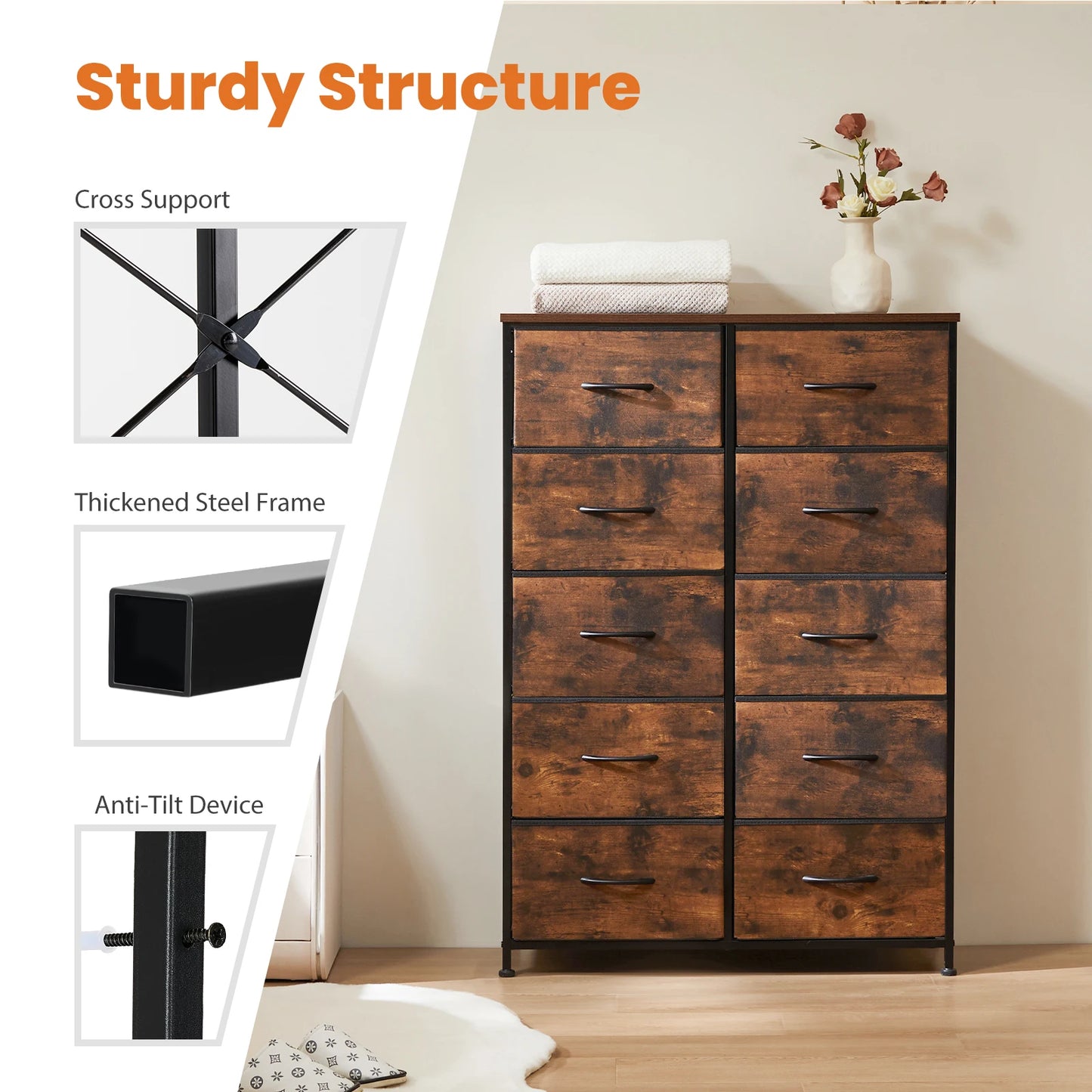 JHK Bedside Table With 10 Fabric Drawers Steel Frame Cabinet