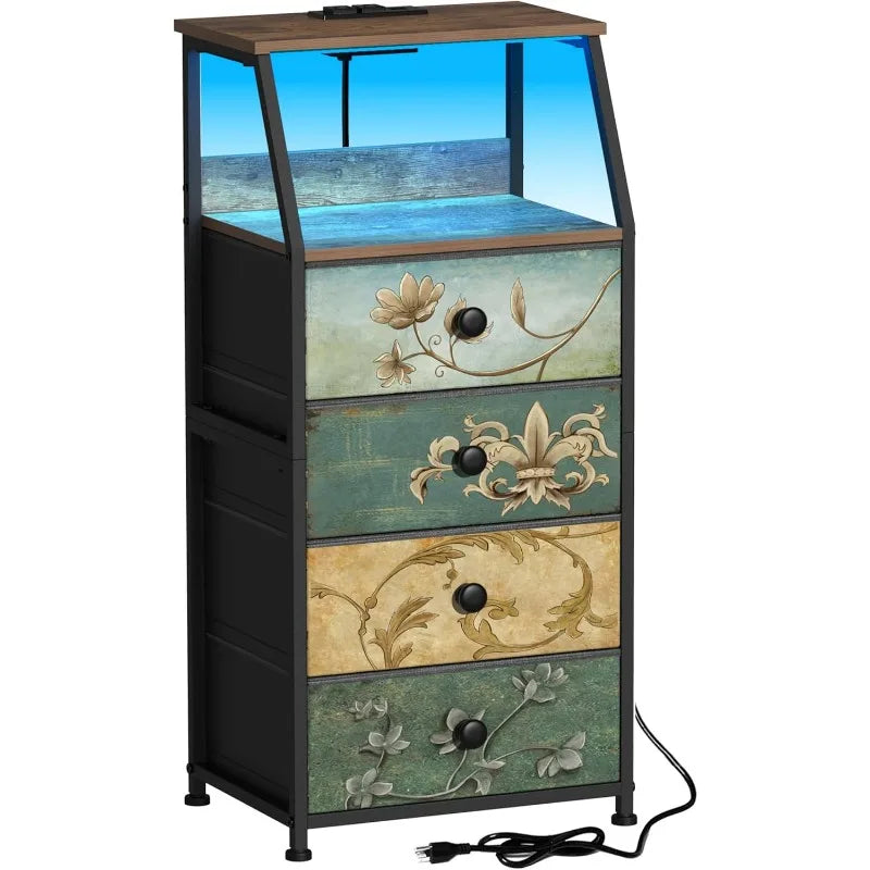 HUANHUI Nightstand Dresser With Fabric Drawers And 2 Tier Shelf