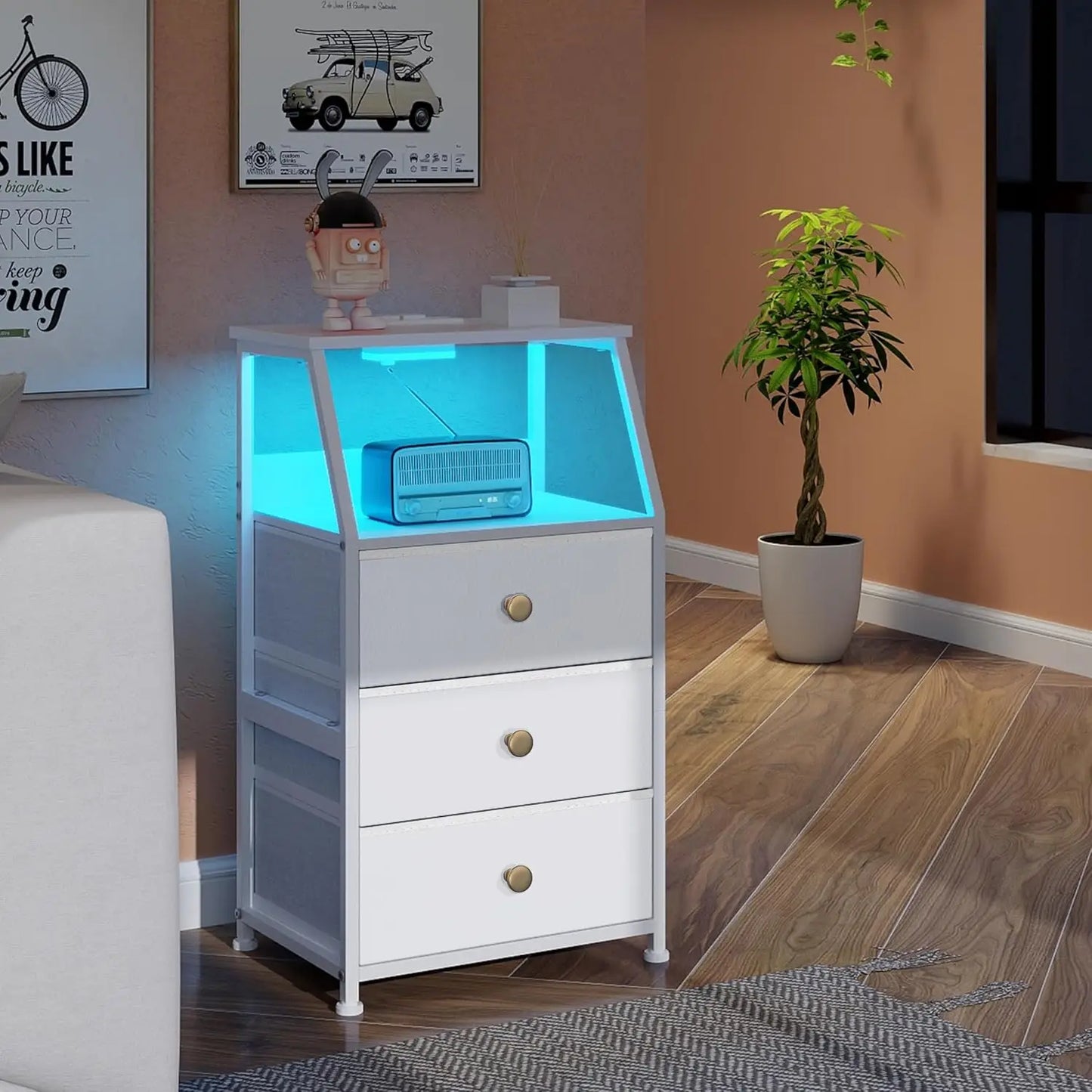 HUANHUI Nightstand Dresser With Fabric Drawers And 2 Tier Shelf