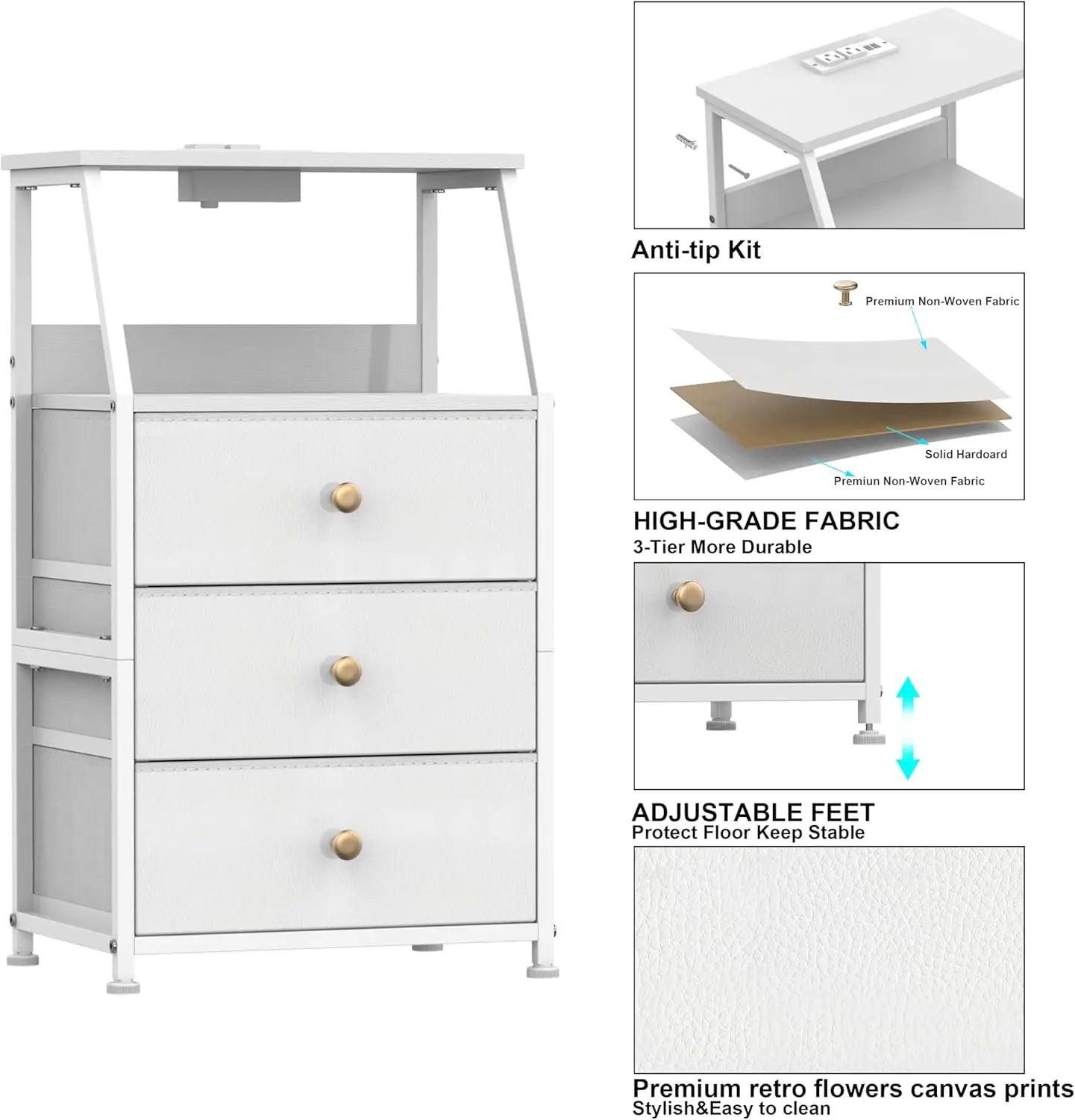 HUANHUI Nightstand Dresser With Fabric Drawers And 2 Tier Shelf