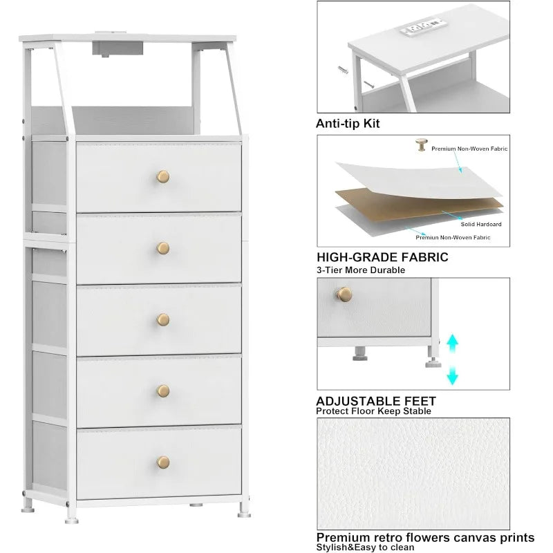 HUANHUI Nightstand Dresser With Fabric Drawers And 2 Tier Shelf