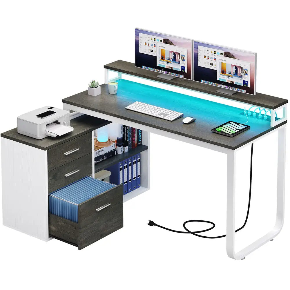 Hign-concerned L-Shaped Gaming Computer Desk With File Drawers