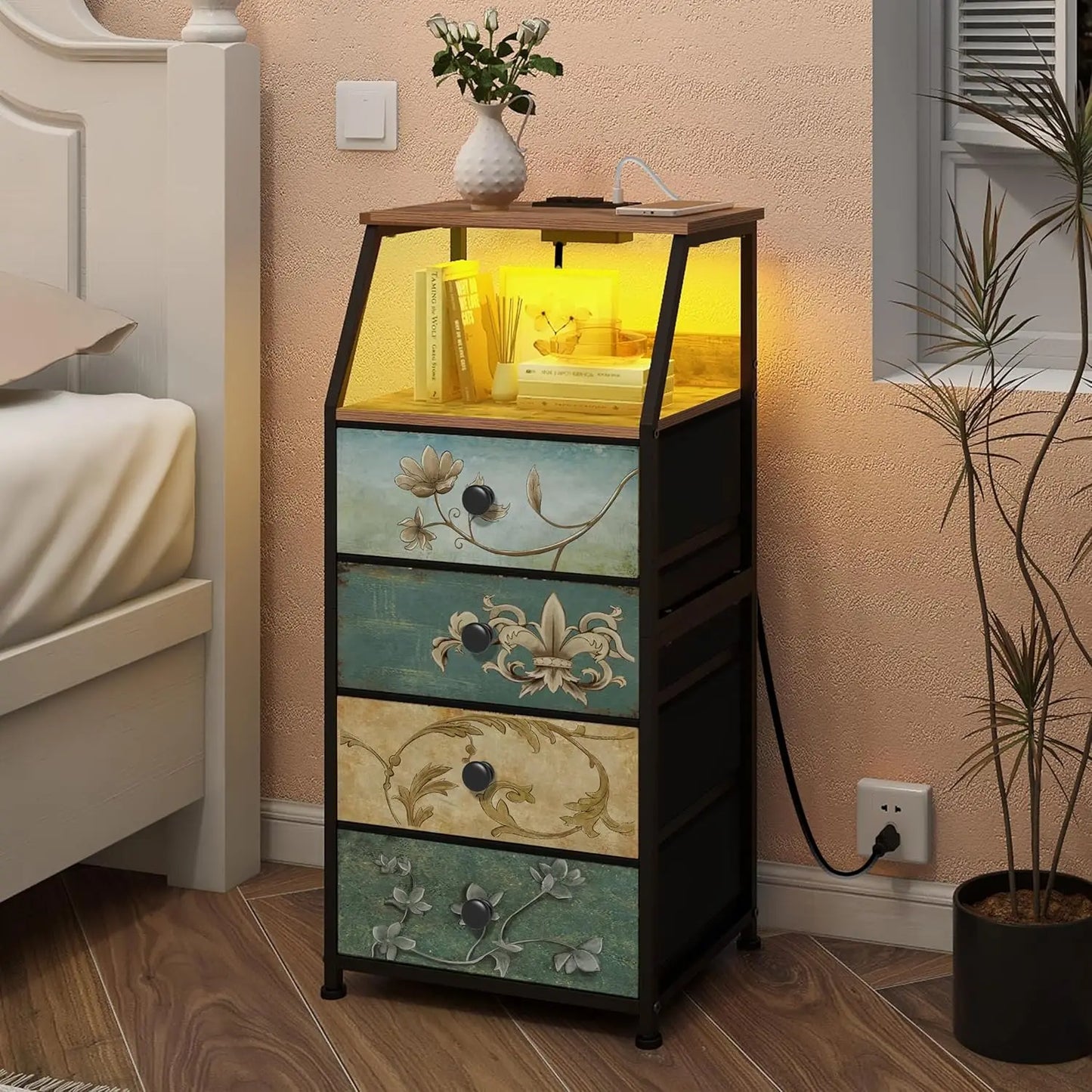 HUANHUI Nightstand Dresser With Fabric Drawers And 2 Tier Shelf