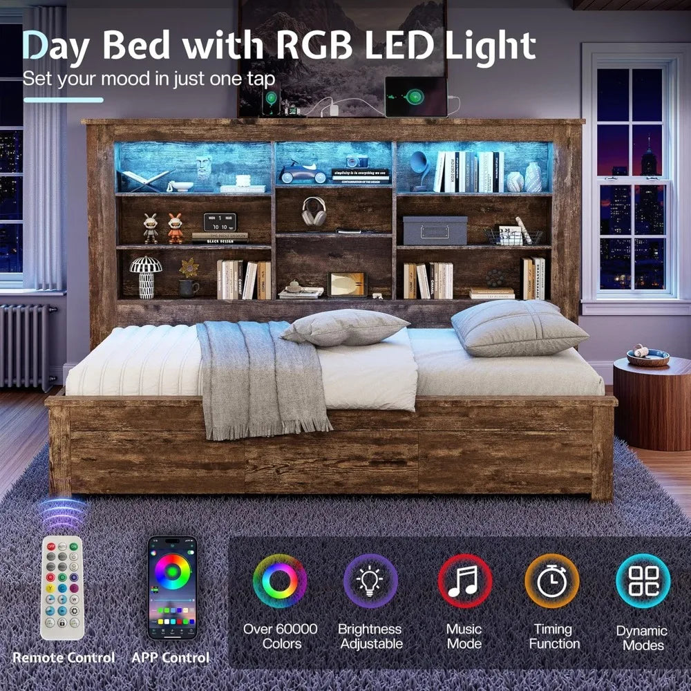 Hign Concerned Daybed With Bookcase Headboard USB C RGB